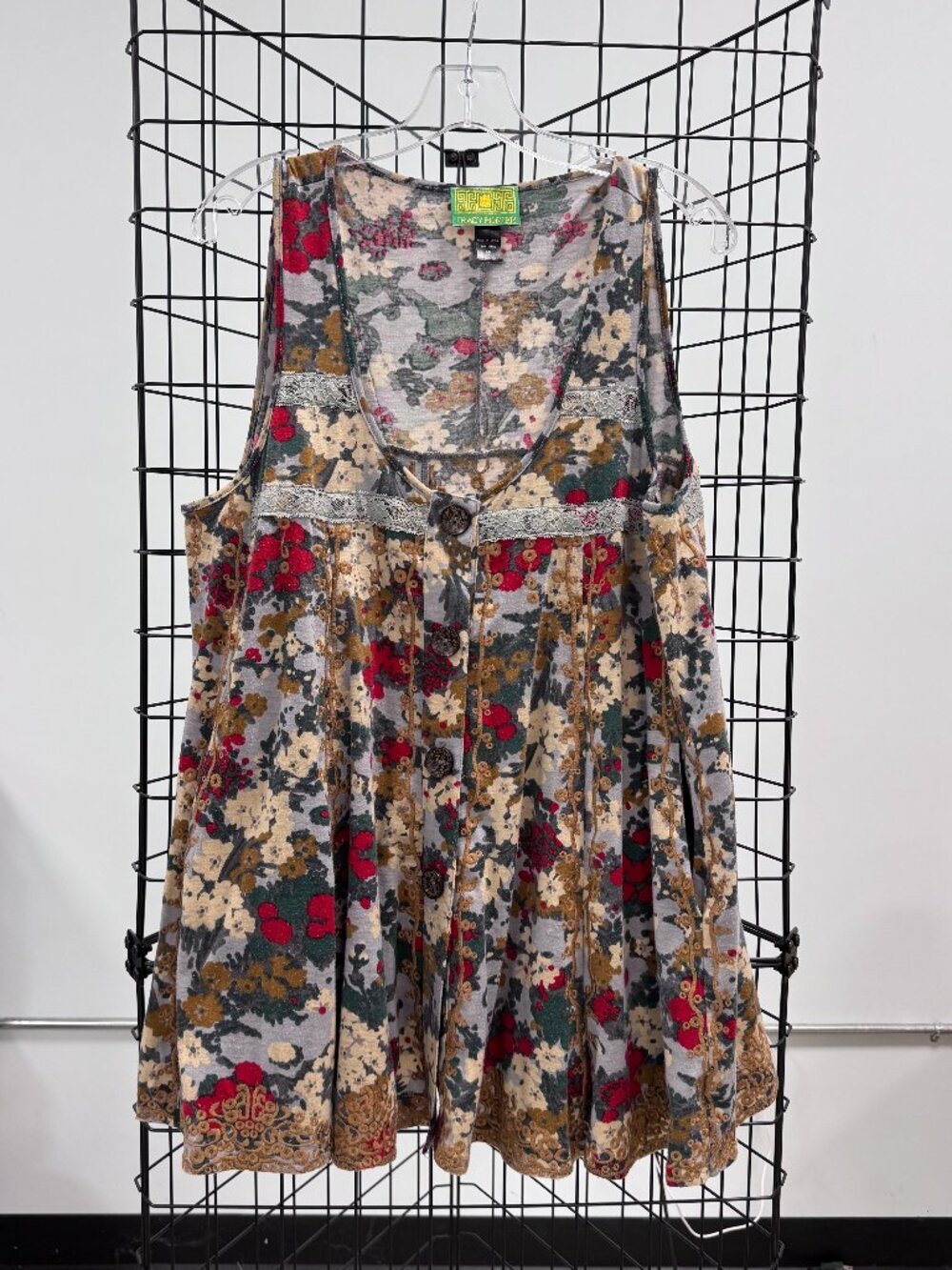 Tracy Porter Floral Sleeveless Button Shirt W/ Lace/Brocade Size Medium